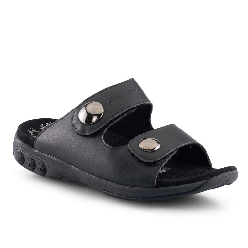 EVA MATTE BLACK | Therafit Eva Women's Leather Adjustable Strap Slip On Sandal -EVA MATT.BLK- for Plantar Fasciitis/Foot Pain-Brandy