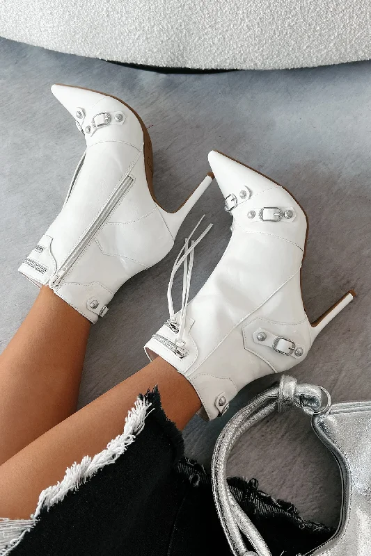 Never Off Limits Pointed Toe Stiletto Booties (White)