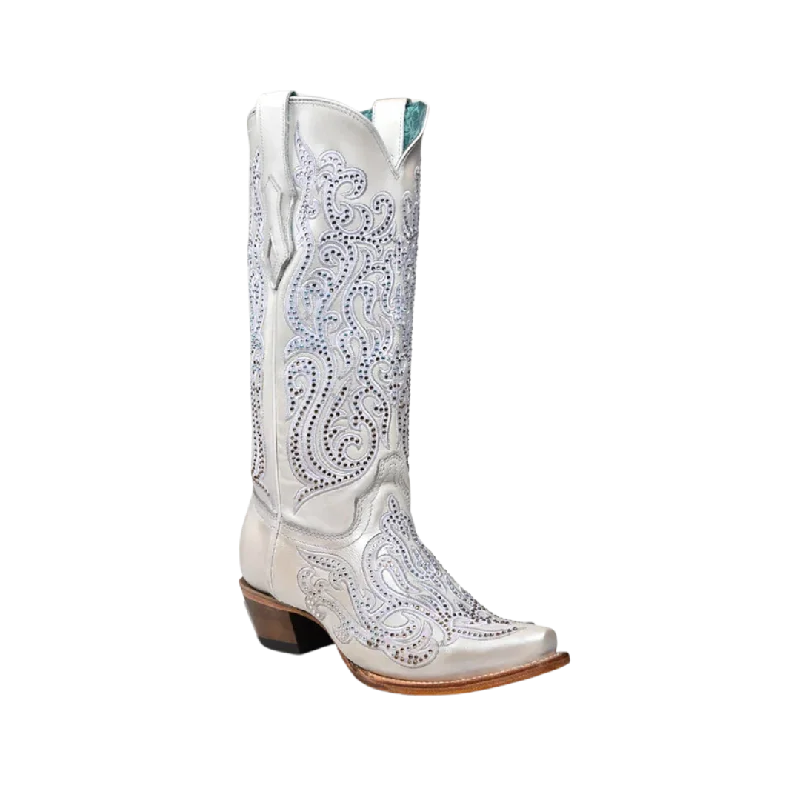 Corral Women's Overlay Embroidery And Crystals Snip Toe White Boots