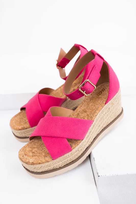 Hot Pink Cross Strap Espadrille Platform Sandals