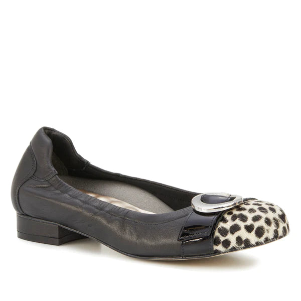 Nadia Flat: Black Leather/Ivory Cheetah/Black Patent I Walking Cradle