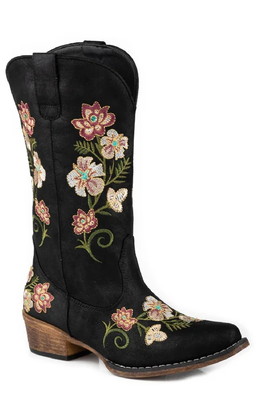 Roper Womens Riley Floral Black Faux Leather Cowboy Boots