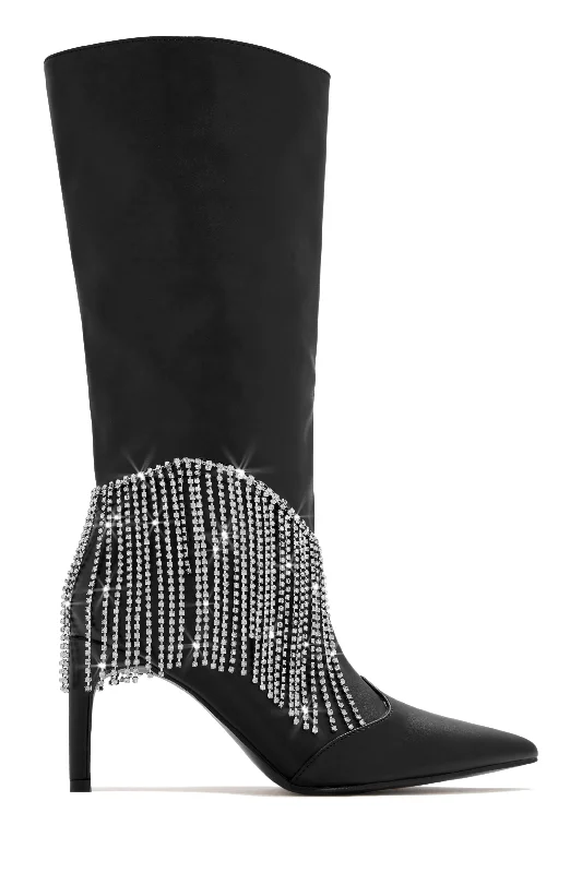 Faye Embellished Fringe Knee High Boots - Black